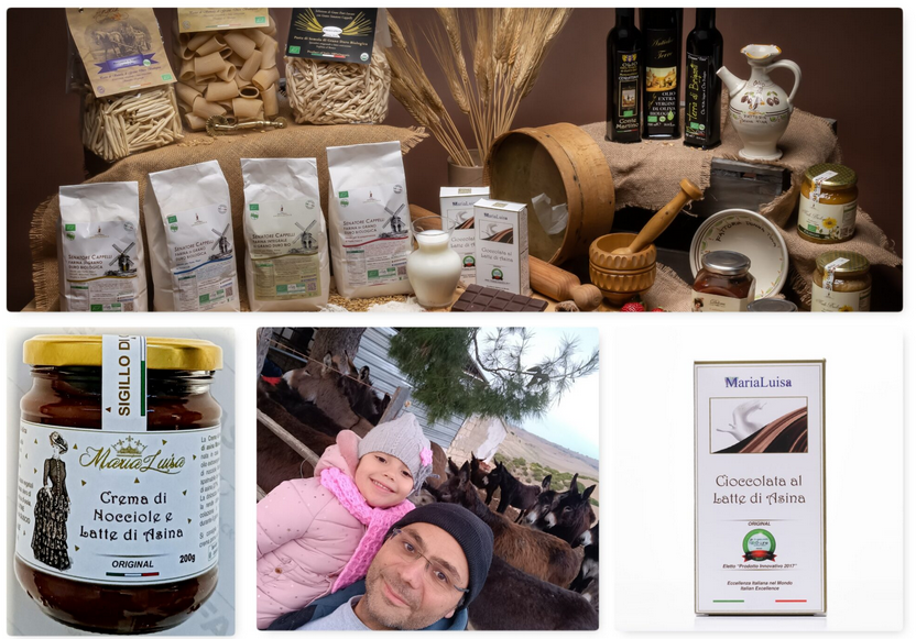 Le asine che producono latte alla Fattoria Donna Tina di Stigliano e alcuni prodotti dell’azienda agricola