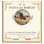 Etichetta della Pasta del Borgo Donna Tina con illustrazione di trattore da trebbiatura e casale contadino sullo sfondo, ispirata ai paesaggi rurali di Stigliano in Basilicata