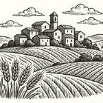 Farina del Borgo DonnaTina – spighe di grano in primo piano, campo coltivato e piccolo villaggio con campanile tra le colline della Basilicata.