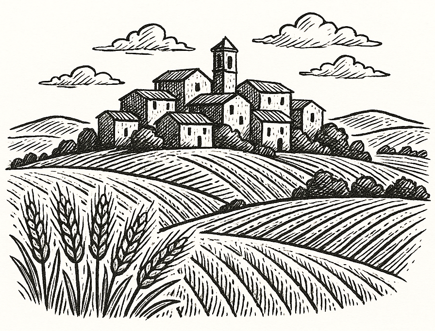 Farina del Borgo DonnaTina – spighe di grano in primo piano, campo coltivato e piccolo villaggio con campanile tra le colline della Basilicata.