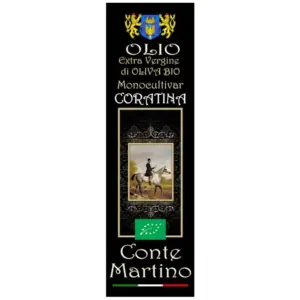 Bottiglia di Conte Martino Monocultivar Coratina, olio extravergine di oliva biologico monocultivar Coratina dalle colline lucane di Stigliano
